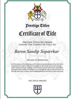 Baron Title Bestowed Upon Sandip Soparrkar In London, UK